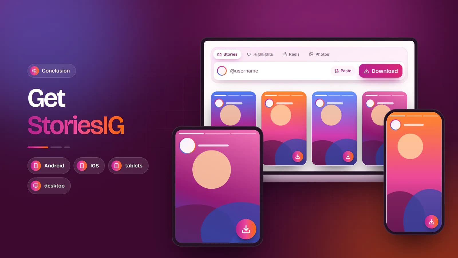 Get StoriesIG StoriesIG open on a laptop, tablet and phone with download buttons ready to save stories