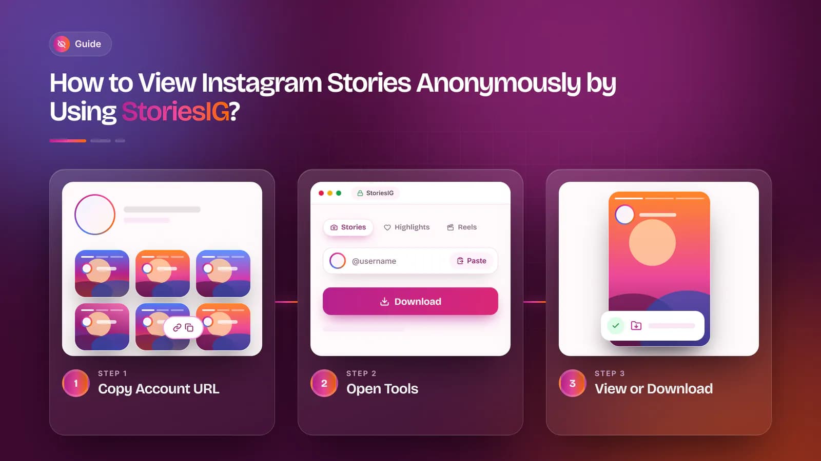 How to Use StoriesIG Three app screens showing how to copy a profile URL, paste it into StoriesIG and download the story