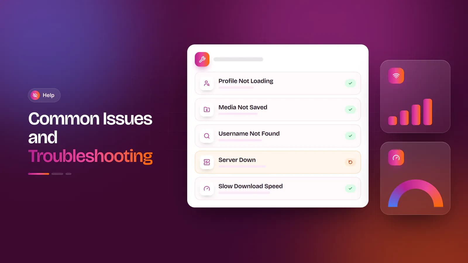 StoriesIG Troubleshooting Guide Diagnostics panel listing common StoriesIG issues with solved status plus connection and speed indicators